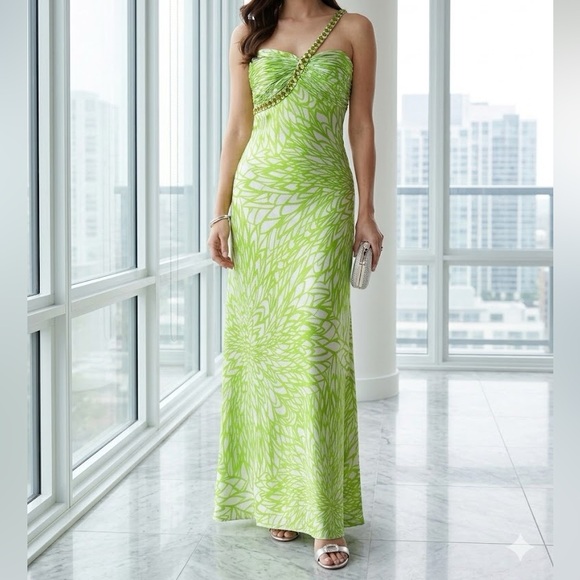 Morgan & Co. Dresses & Skirts - Morgan & Co Vintage Y2K Prom Gown Lime Green Silver 1 Shoulder Embellished 9/10